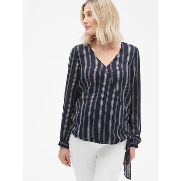 GAP Navy Striped Linen Maternity Wrap Top sz XS - Picture 1 of 6